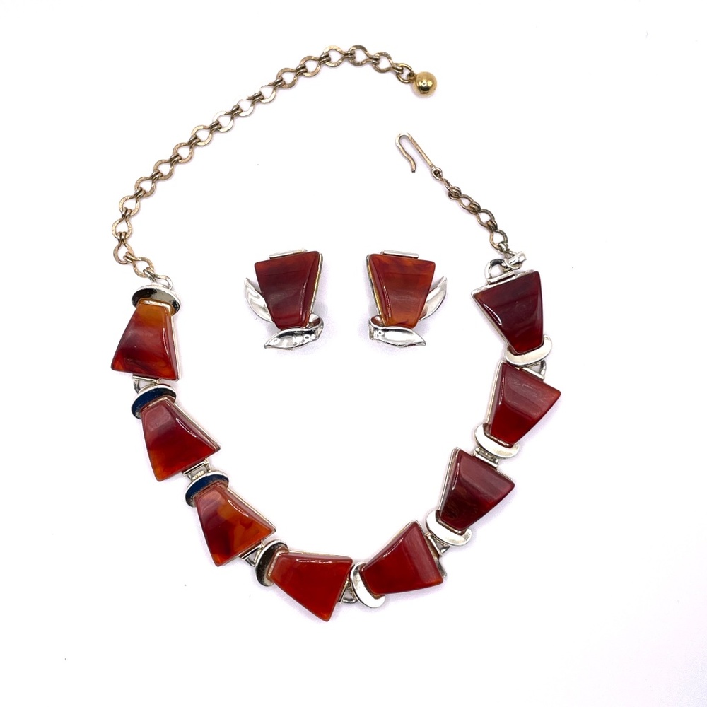 Charel Signed Vintage Silver Tone Red Brown Thermoset Necklace Clip Earring Set
